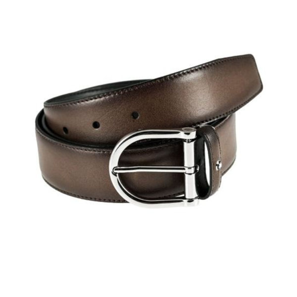 Montblanc öv - barna, bőr, patkó formájú csattal. Ezüstszínű fényes acélcsat, füstösbarna bőrszíjjal.