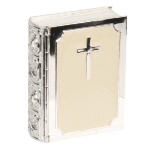 Biblia formájú dobozka. Ezüstözött doboz, krémszínű tűzzománccal díszítve.