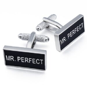 Mandzsettagomb "Mr. Perfect" felirattal fekete-ezüst színben.