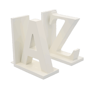 Fából készült Könyvtámasz A-Z, fehér színben, tökéletes kiegészítője lehet könyvespolcnak, íróasztalnak vagy irodának.