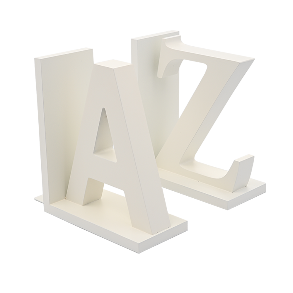 Fából készült Könyvtámasz A-Z, fehér színben, tökéletes kiegészítője lehet könyvespolcnak, íróasztalnak vagy irodának.