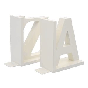 Fából készült Könyvtámasz A-Z, fehér színben, tökéletes kiegészítője lehet könyvespolcnak, íróasztalnak vagy irodának.