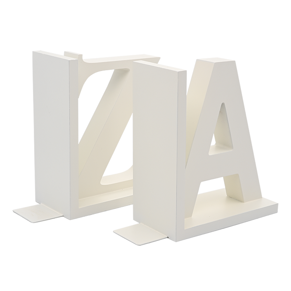 Fából készült Könyvtámasz A-Z, fehér színben, tökéletes kiegészítője lehet könyvespolcnak, íróasztalnak vagy irodának.