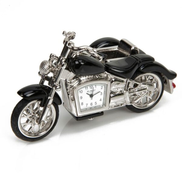 Asztali óra – motorbicikli oldalkocsival. Miniatűr asztali óra, oldalkocsis motorbicikli dizájn. Fekete és ezüst színben.