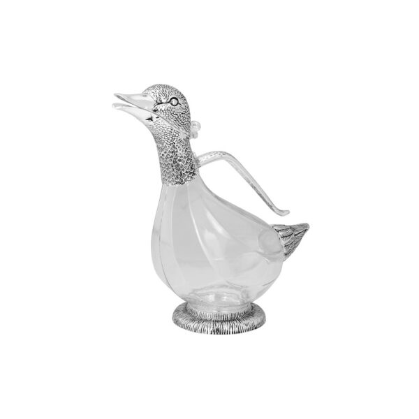 Elegáns, ezüstözött, kacsa alakú dekantáló üveg, egyedi ajándék minden borkedvelőnek.