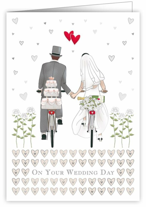 yönyörű esküvői meghívó ezüst szív mintával, bicikliző párral.  Kiváló minőségű elefántcsontszínű kártya. A meghívó belseje üres, így könnyen személyre szabható, igény esetén díszíthető. A termék mérete: 16,5 x 11,5 cm