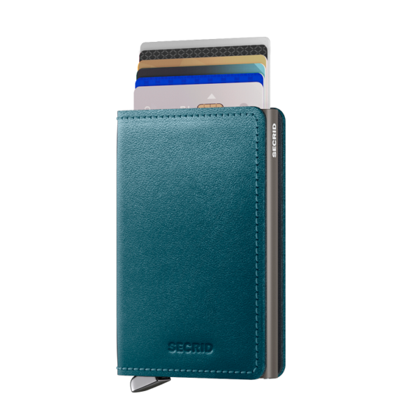 Premium Slimwallet Dusk Teal egy puha, kiváló minőségű, növényi cserzésű, növényi cserzett marhabőr.