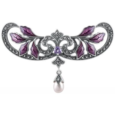 Art Nouveau Virágmintás ezüst bross - lila zománc, ametiszt, markazit és gyöngy.