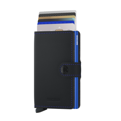 Secrid Miniwallet fekete kék színben, lágy tapintású, sima felületű marhabőrből.