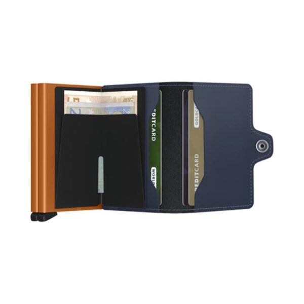 A Twinwallet Matte NightBlue Orange akár 16 kártyát, bankjegyet és nyugtát is képes tárolni, de kompakt méretű marad.