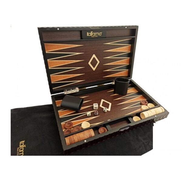 Értékes fa backgammon készlet, kézi intarziával díszítve.