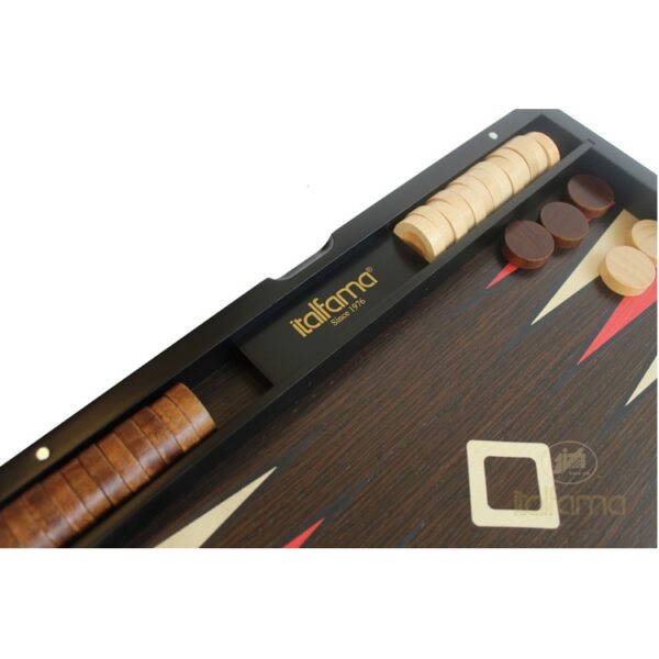 Elegáns, piros keretű rózsafa backgammon készlet, kézi intarziával díszítve.