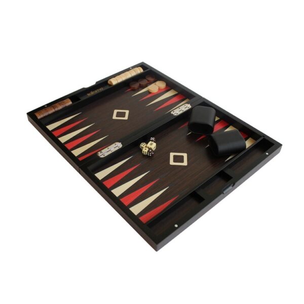 Elegáns, piros keretű rózsafa backgammon készlet, kézi intarziával díszítve.