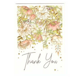 Köszönő kártya - Thank You. Ez az elegáns „Köszönöm” kártya gyönyörű virágos dizájnnal rendelkezik, különböző virágok finom illusztrációival, lágy rózsaszín, krém és zöld színekben, csillogó aranyfóliás részletekkel ékesítve.
