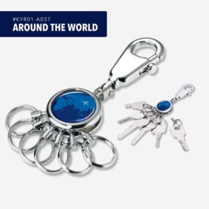 Kulcstartó "Around The World". Kulcstartó karabinerrel motívum: AROUND THE WORLD, 6 cserélhető gyűrű, fém, fényes, kék. 