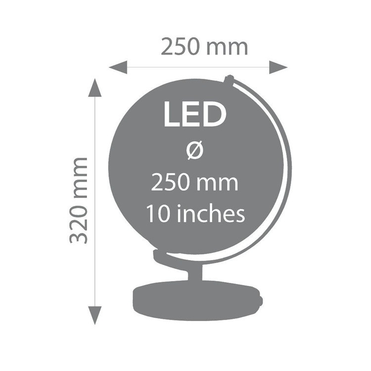 Földgömb Terra Light- világítós kék, ezüst.  Világító földgömb, teljes magassága 32 cm, forgatható, stabil krómozott fém talppal.