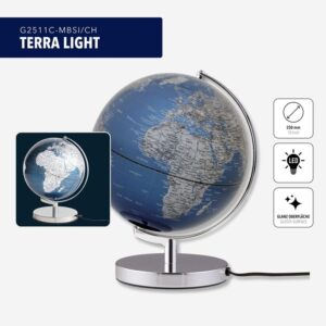 Földgömb Terra Light- világítós kék, ezüst. Világító földgömb, teljes magassága 32 cm, forgatható, stabil krómozott fém talppal.