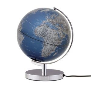 Földgömb Terra Light- világítós kék, ezüst.  Világító földgömb, teljes magassága 32 cm, forgatható, stabil krómozott fém talppal.
