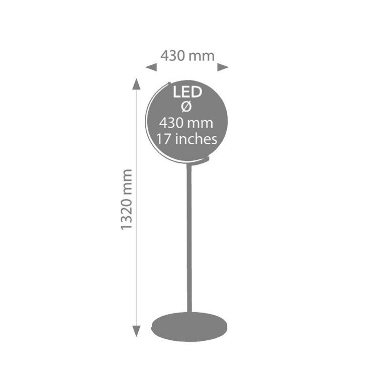 Állványos világítós földgömb - ezüst. A földgömb 43 cm átmérővel és állvánnyal készült, krómozott fém talapzat, teljes magasság 132 cm, térkép dombormű, két mozgatható tengely, fém / műanyag, fényes, ezüst színű.