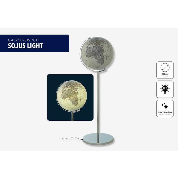 Állványos világítós földgömb - ezüst. A földgömb 43 cm átmérővel és állvánnyal készült, krómozott fém talapzat, teljes magasság 132 cm, térkép dombormű, két mozgatható tengely, fém / műanyag, fényes, ezüst színű.