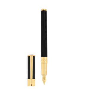 S.T. Dupont töltőtoll – Initial, fekete arany.  A henger alakú, masszív sárgaréz tolltestet mélyfekete, ragyogó lakk borítja, amely tökéletes kontrasztot teremt a ragyogó, aranyozott kiegészítőkkel és klipsszel.