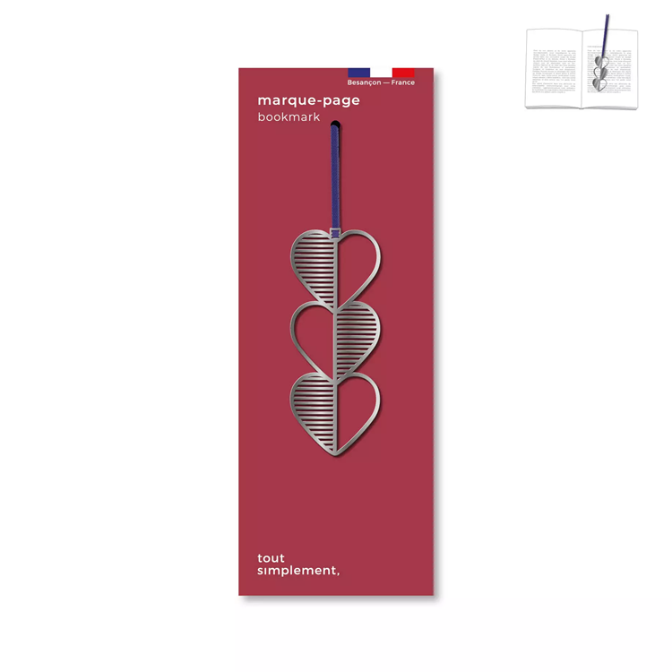 Könyvjelző Szív - matt fém. A hosszú szalagnak köszönhetően bármilyen méretű könyvhöz ideális.