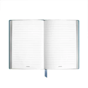 Montblanc Notesz - füstös kék, vonalas. A notesz borítója egy jellegzetes, hullámos textúrájú (ún. "Bark" vagy kéreg-mintázatú) prémium minőségű kék bőrborítás.