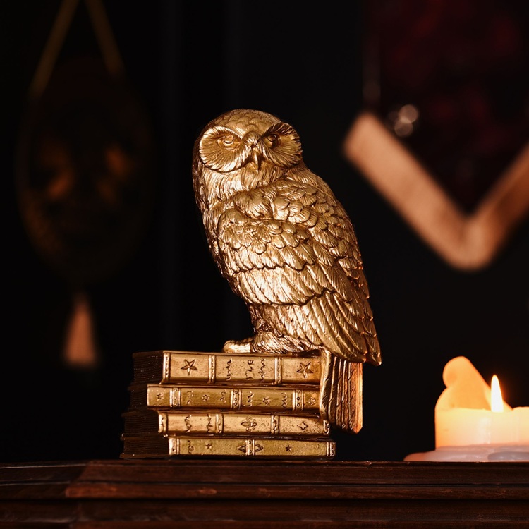 Szobor - Hedvig bagoly. Harry Potter hűséges hóbaglya, Hedvig látható rajta, amint egy stílusos, egymásra pakolt varázskönyvekből álló tornyon kuporog.