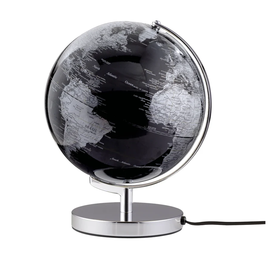 Földgömb Terra Light- világítós fekete, ezüst. Világító földgömb, teljes magassága 32 cm, forgatható, stabil krómozott fém talppal.