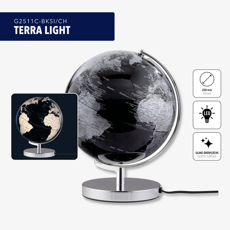 Földgömb Terra Light- világítós fekete, ezüst. Világító földgömb, teljes magassága 32 cm, forgatható, stabil krómozott fém talppal.