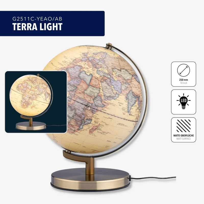 Földgömb Terra Light- világítós, antik. Világító földgömb, teljes magassága 32 cm, forgatható, stabil fém talppal.