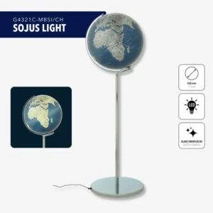 Állványos földgömb Soyuz Light - világítós, kék, ezüst. A földgömb 43 cm átmérővel és állvánnyal készült, krómozott fém talapzat, teljes magasság 132 cm, térkép dombormű, két mozgatható tengely, fém / műanyag, fényes, ezüst színű.